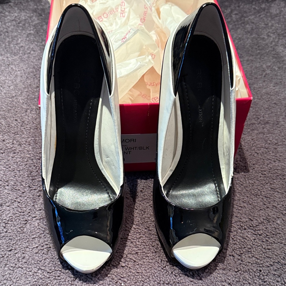 BCBGirls Black and White Peep Toe Heels